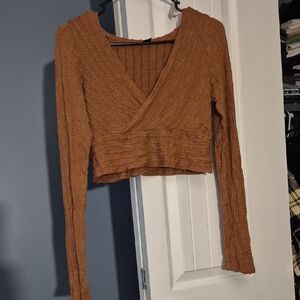 Women's Brown V-Neck Knit Crop Top